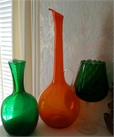 Green and Orange colored art glass vases