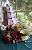 Small electric lamps, brass & leaded glass shades