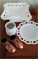3 pieces white glass & bronze baby shoes