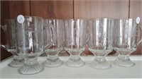 Etched glass mugs, pitcher & New York plate