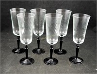 6 Vintage Black Stem Champagne Twisted Flutes