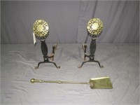 Fireplace End Irons and Iron Shovel-