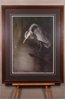 Framed and Matted Painting of Blue Heron by ML