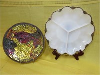 Glass Mosaic Plate & Milk Glass 3/part Relish