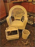 Wicker Chair, Plant Stand & Shelf