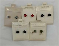 5 Pairs 14 KT Gold Precious Stone Earrings