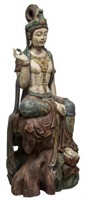 CHINESE POLYCHROME WOOD SEATED QUAN YIN STATUE