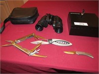 Security box, binoculars, knives