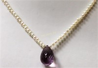F W Pearl Amethyst Drop Necklace w Magnetic Clasp