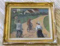 Charming Bicyclists Pastel in a Gilt Frame.