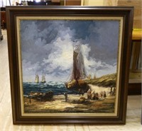 Harbor Scene Oil on Canvas, Signed.