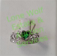 Sterling Silver Heart Crown Emerald CZ Ring