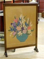 Floral Hand Embroidered Oak Framed Fire Screen.
