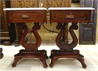 Lyre Base Marble Top Mahogany Side Cabinets.