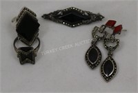 4 PCS STERLING MARCASITE JEWELRY INC. ONYX RINGS,