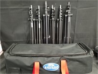 LOT OF 6 CAMERA LIGHT STANDS W CARRYING CASE