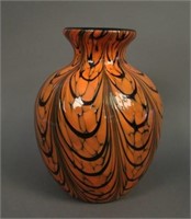 7” Fenton Bulbous Vase w/ Pulled Feather – Orange