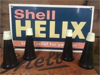 Shell Helix oil bottle rack sign & plastic tops x4
