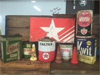 Assorted lot of tins, oil bottle pourers & sign