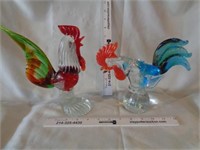 2 Blown Glass Roosters