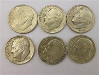 6pc 1946, 47, 48, 50 US Roosevelt Silver Dimes