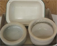 2 Vintage Stoneware Bowls With Enamel Pan