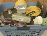 Basket With Assorted Pots, Pans, Kitchen Items