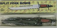 20.5" Split Fork Bowie Knife With Leather Sheath