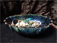 VINTAGE BLUE FOOTED OVAL CARNIVAL GLASS BOWL