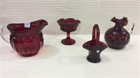 Group of 4 Red Glassware Pieces Including 2