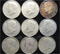 9 kennedy 1966 half dollars (40% silver content)