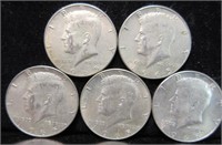5 kennedy 1965 half dollars (40% silver content)