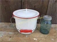 Antique red enamel pot with lid - great condition