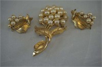 Trifari Flower & Leaf Faux Pearl Brooch & Earrings