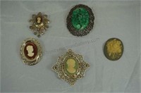 5 Vintage Cameo Brooches