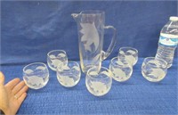 etched pitcher & 7 small glasses