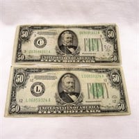 (2) 1934 $50.00 Federal Reserve Note Green Seal