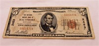 1929 $5 National Currency Marine Bank Baltimore MD