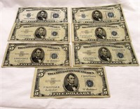 (7) $5.00 Silver Certificates (2)-1934 & (5)-1953