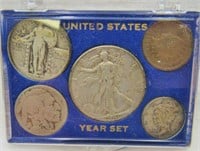 5 Coins Silver Half, Quarter, Dime +Nickel & Penny