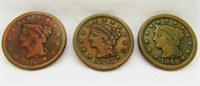3 Large Cents Coins 1839, 1847 & 1848