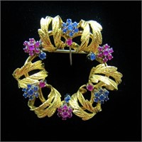 18K Gold Jewel Encrusted Wreath Pin Brooch 13.6 Gr