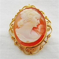 18K Gold Bezel Set Carved Cameo Brooch 6.7 Gr TW