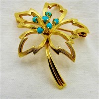 14K Gold Leaf Pin Brooch w/6 Tiny Stones 5.3 Gr TW