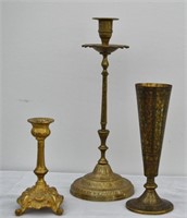 3 pcs Old Brass Lot Vase Candle Holders