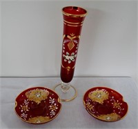 Ruby Glass Gold Gilt & Enameled Console Set