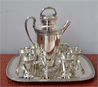 Silver Plate  Pitcher 6 Glasses & Tray