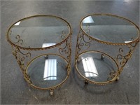 2PC WROUGHT IRON / GOLD TRIM GLASS END TABLES