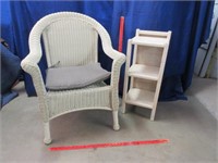 faux wicker chair & small 3-shelf rack