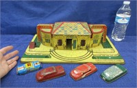 old marx metal toy "public cab stand & 4 cars"